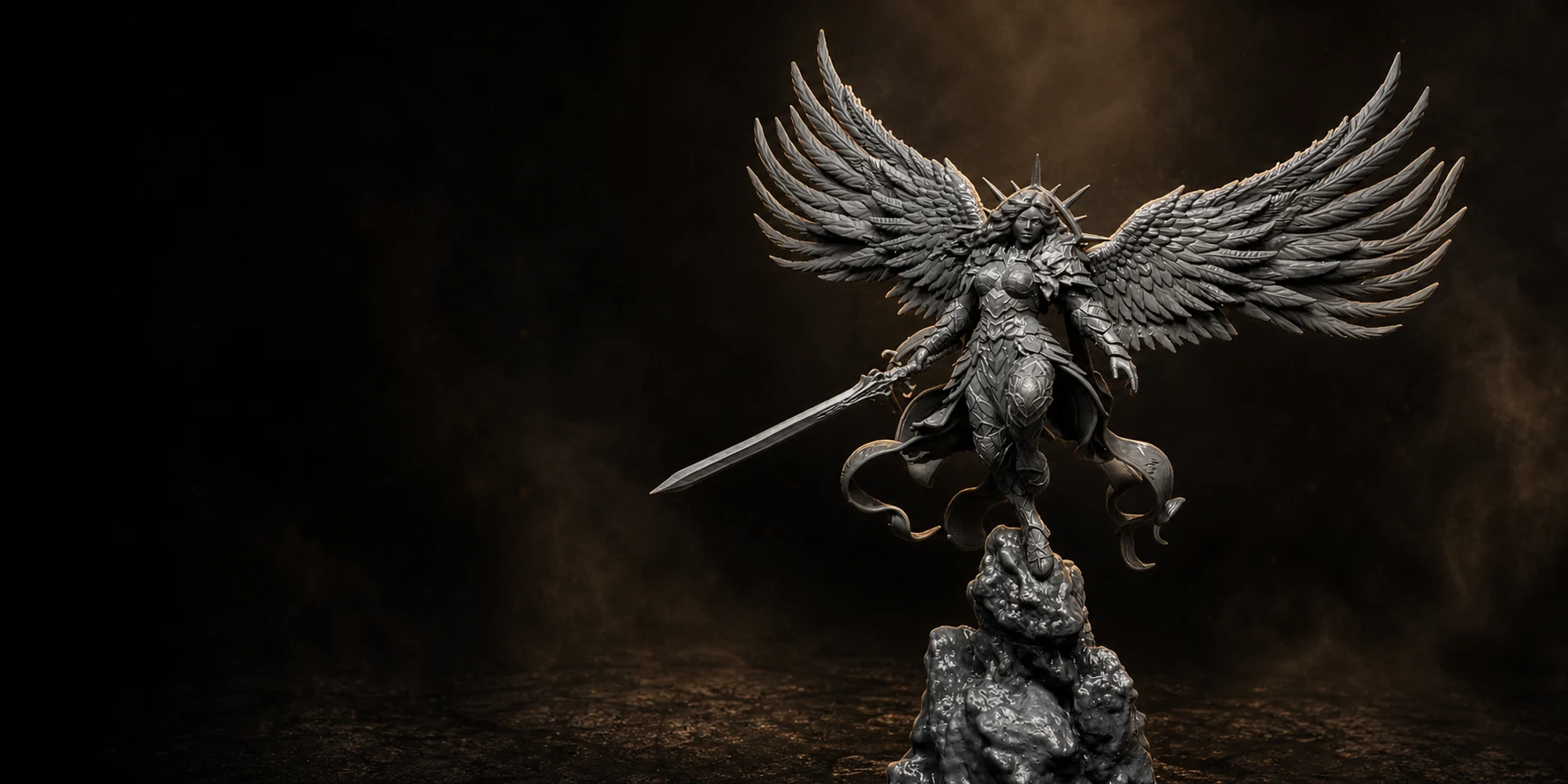 Grey winged angel sculpture in warm gallery light