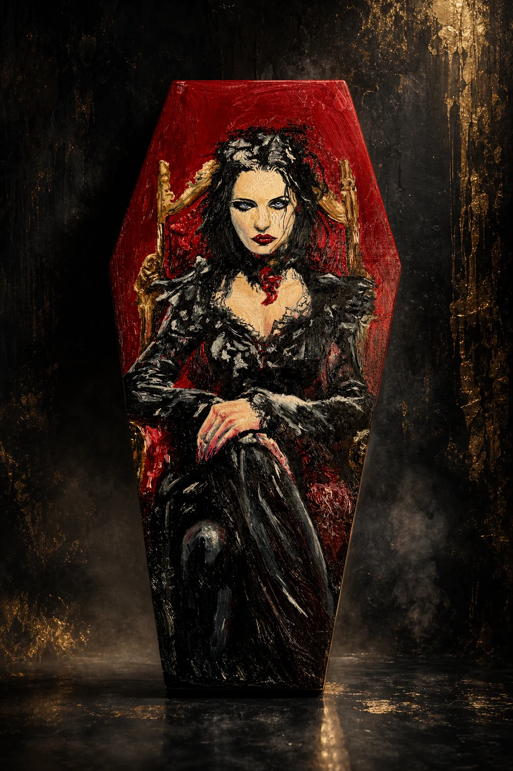 Coffin-shaped Bride of Dracula artwork in a dark gallery setting