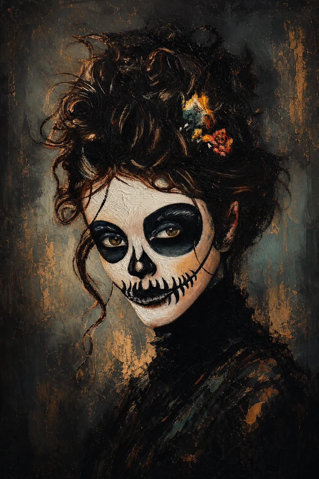 Dark fantasy portrait with skull-inspired face paint